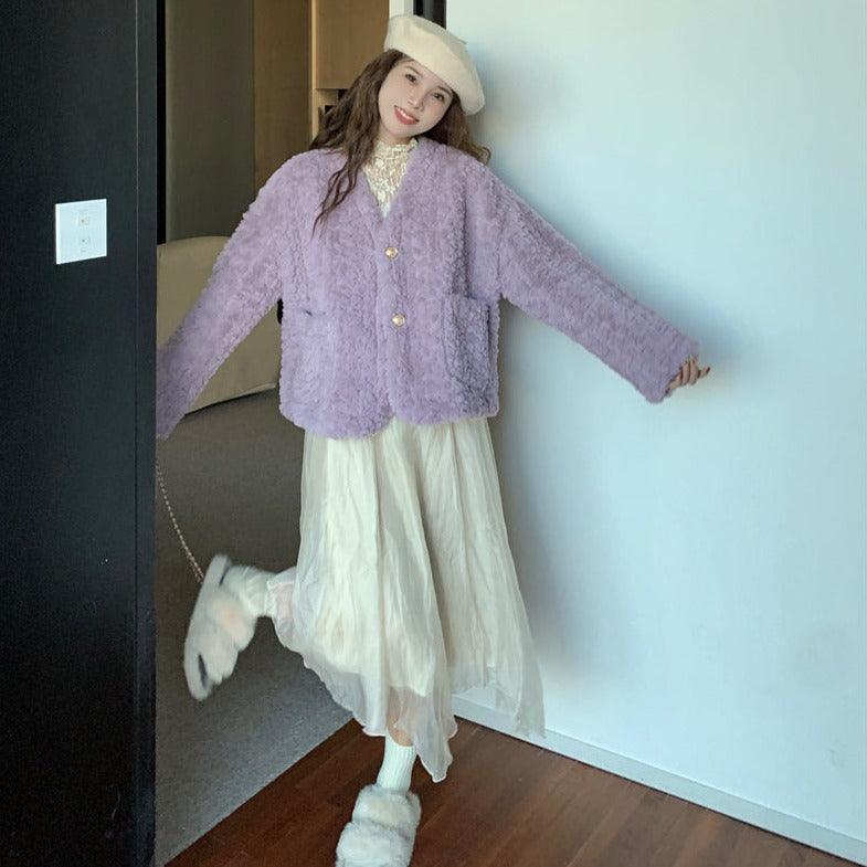 Vネックボアジャケット♡大人可愛いゆったりコート S1103