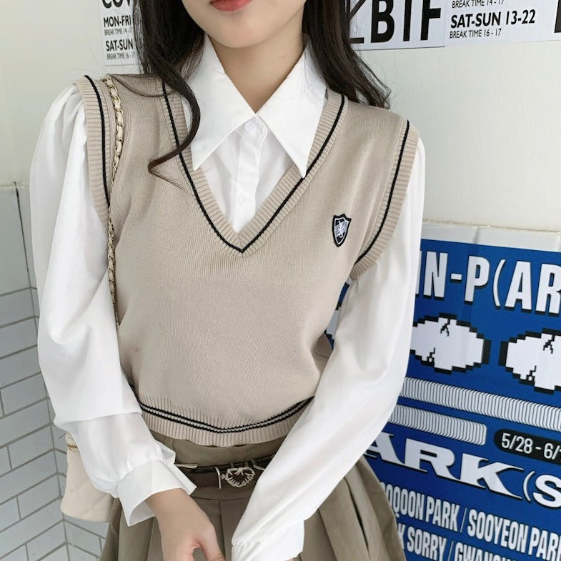 フェイクレイヤードトップス シャツ×ニットベスト風 S1938