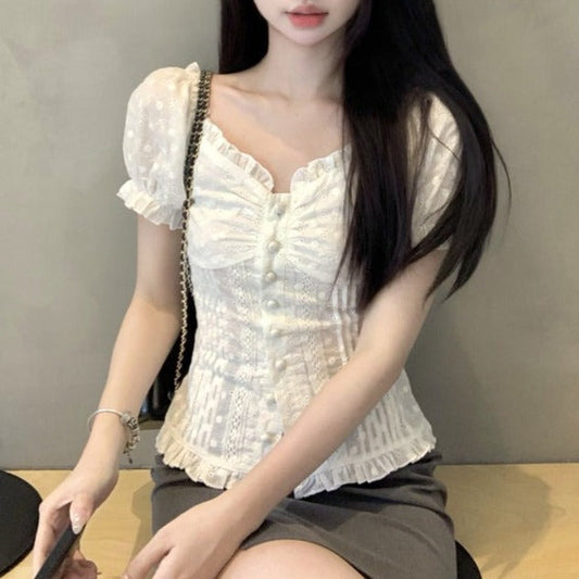 Vネック刺繍フリルブラウス♡ガーリーで大人可愛い S1375