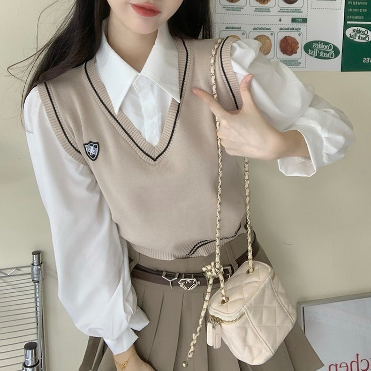 フェイクレイヤードトップス シャツ×ニットベスト風 S1938