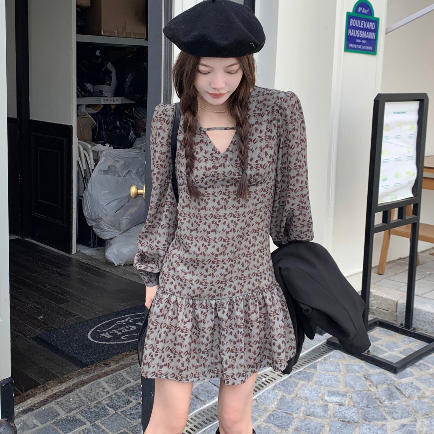 Vネック小花柄ワンピース♡レトロフェミニン S1988