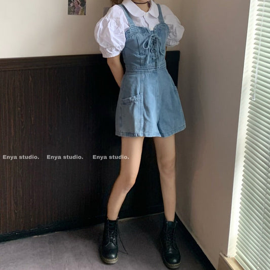 デニムサロペット&パフスリーブブラウス 可愛いセットアップ S1800