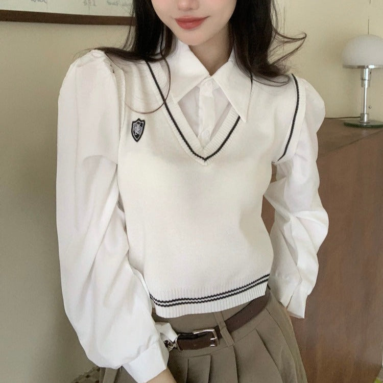 フェイクレイヤードトップス シャツ×ニットベスト風 S1938