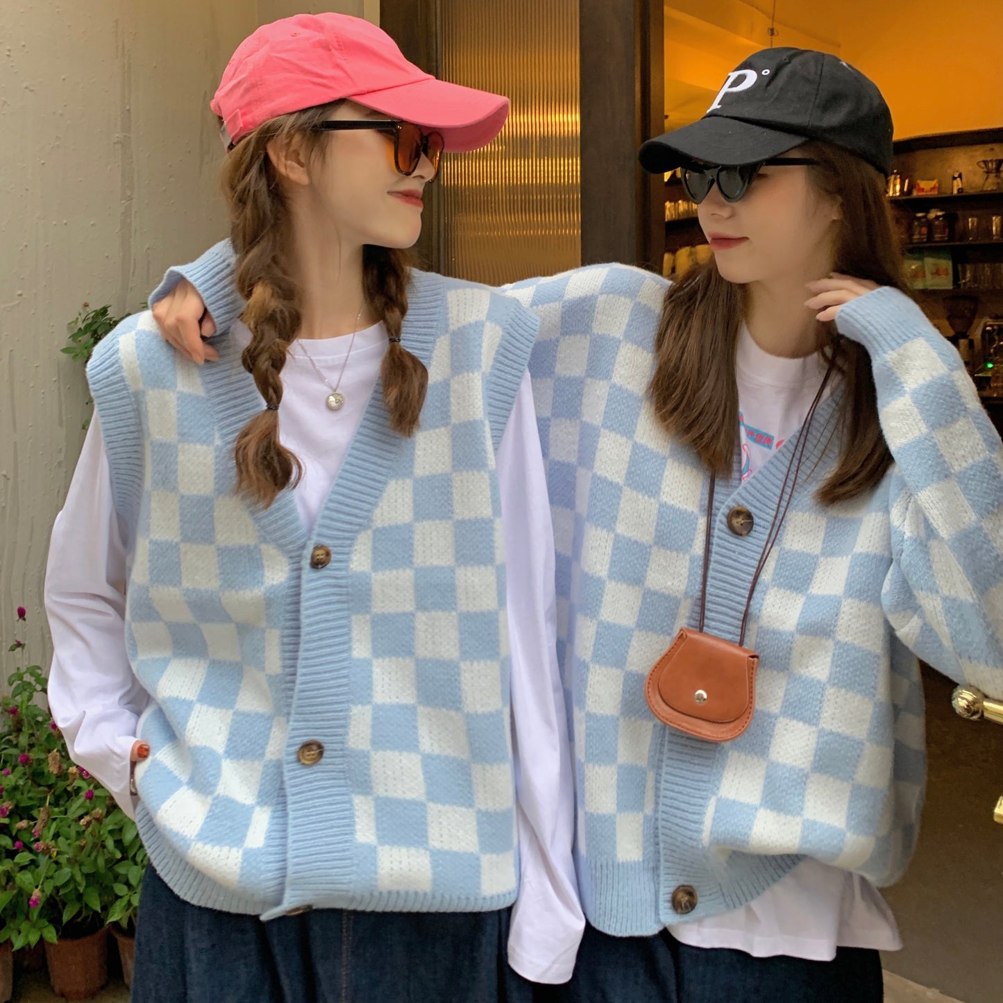 ユニセックス ブロックチェックベスト♡お揃いコーデに S2596