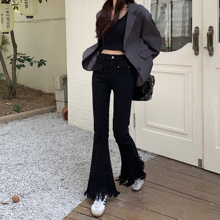 裾フリンジのフレアデニムパンツ♡脚長効果で大人可愛い S1962