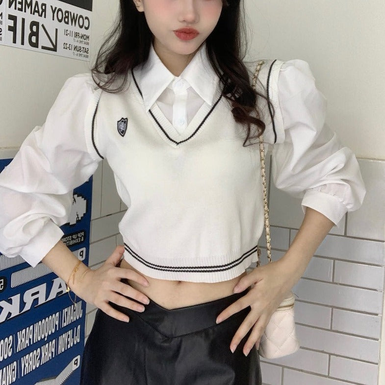 フェイクレイヤードトップス シャツ×ニットベスト風 S1938