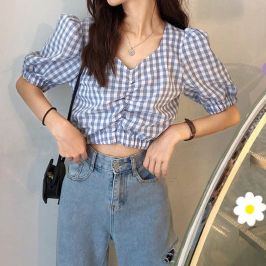 パフスリーブのギンガムチェックトップス♡ S1504