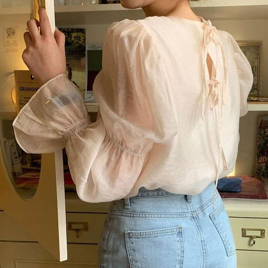 バックリボン バブルスリーブ ブラウス 可愛い S1783