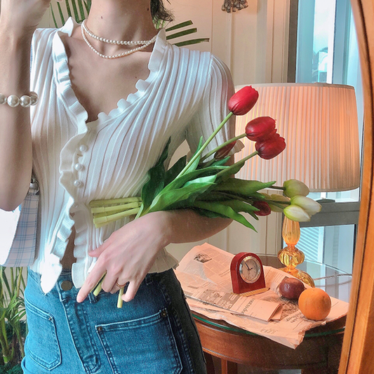 フリルシャーリングトップス♡夏ニットで大人可愛い S1185