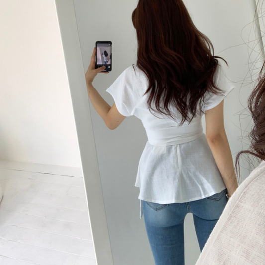 ベルト付きリネンライクトップス♡バックルデザインでくびれ美人 S1894