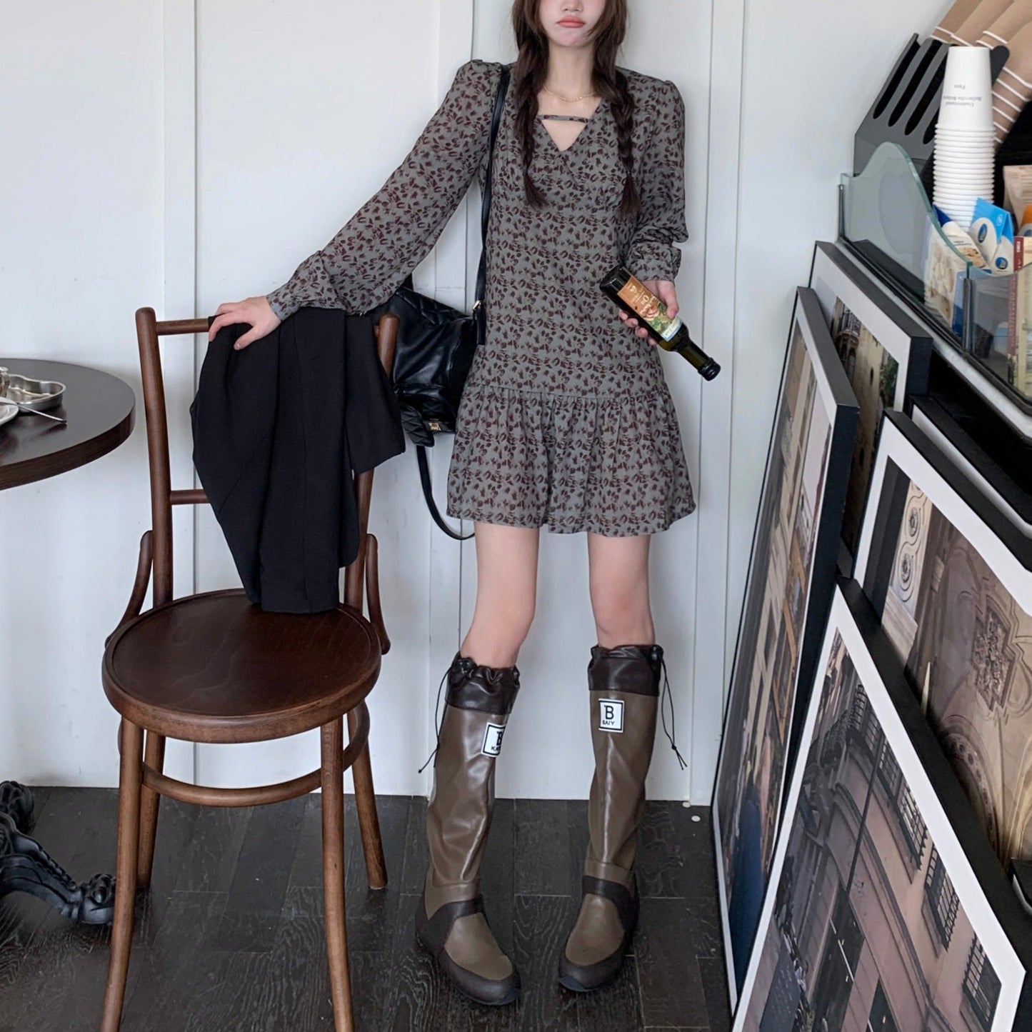 Vネック小花柄ワンピース♡レトロフェミニン S1988