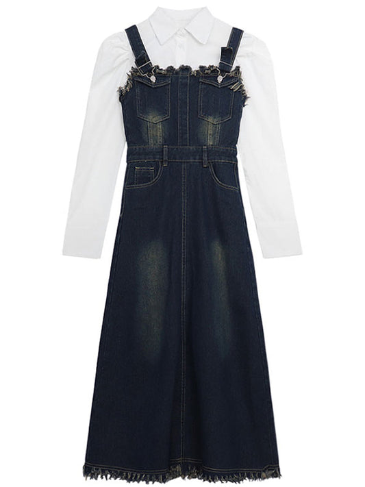 フリンジデニムワンピース カジュアルフェミニンなデザイン S1925
