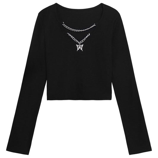 キーネックのベーシック長袖トップス S1912