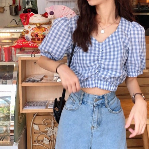 パフスリーブのギンガムチェックトップス♡ S1504