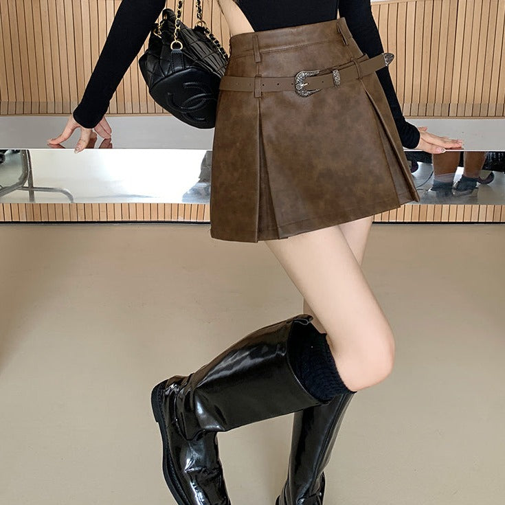 レトロなフェイクレザーミニスカート♡ベルト付きで大人可愛い S1266