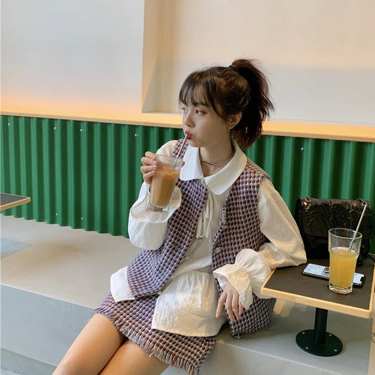 チェックベスト&フリンジスカート&ブラウス 3点セット S1778