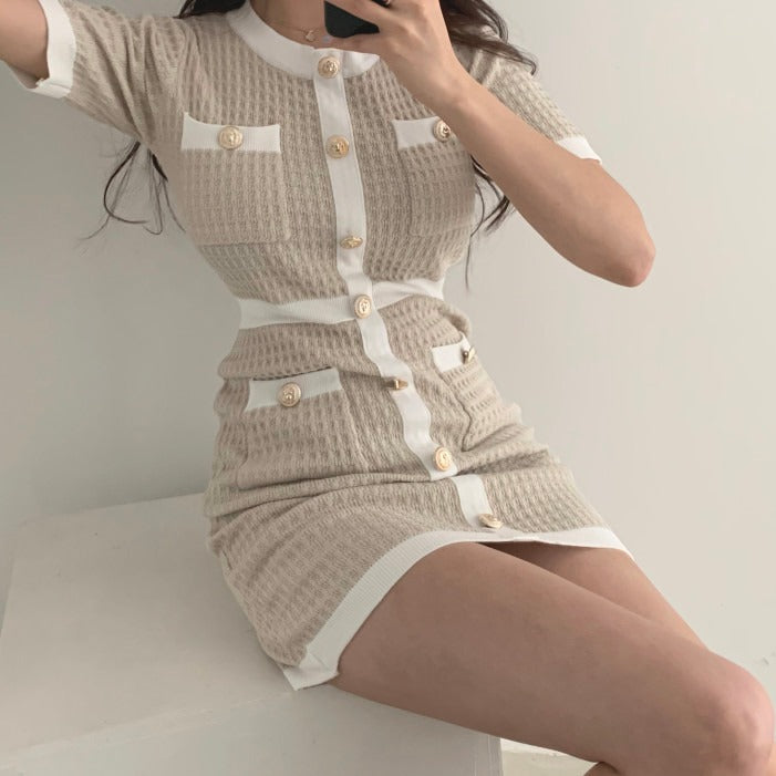 ワッフル金ボタンワンピース♡大人可愛いワンピ S1472