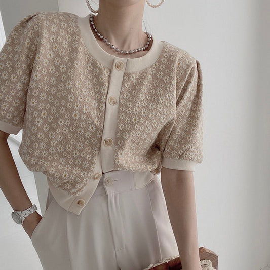 デイジー柄パフスリーブニットカーディガン S1550