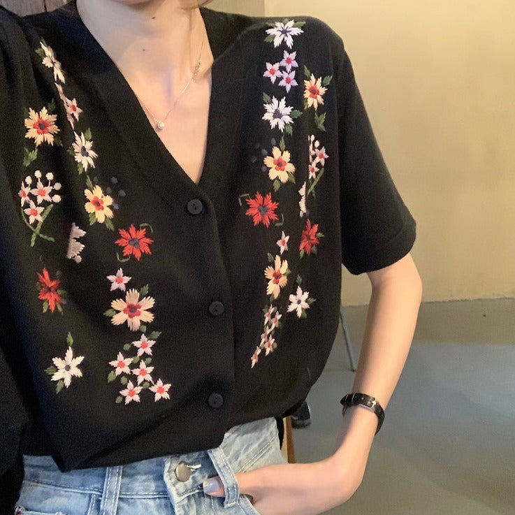 刺繍Vネックカーディガン/トップス S1458