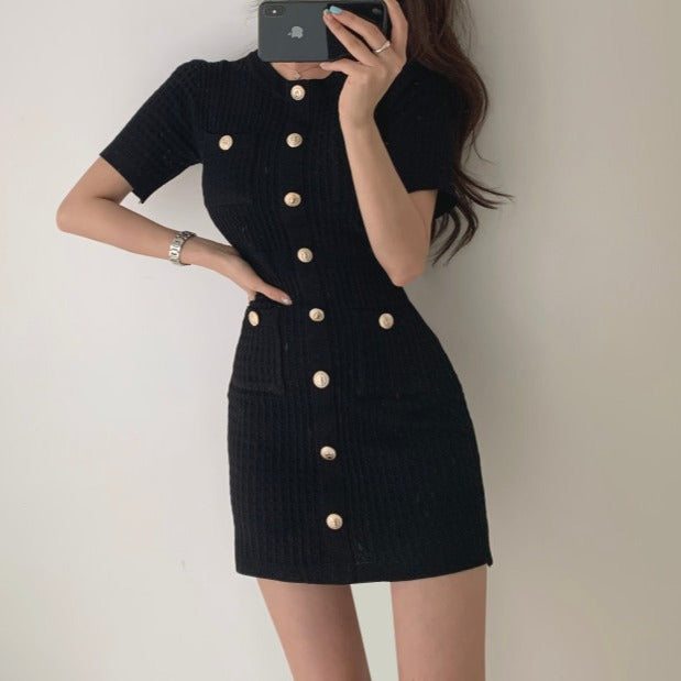 ワッフル金ボタンワンピース♡大人可愛いワンピ S1472
