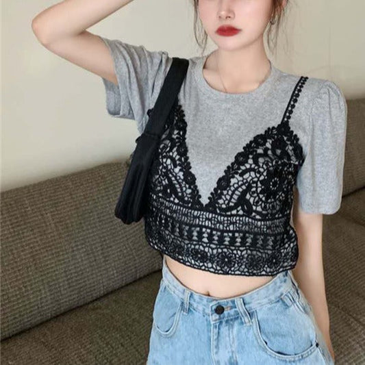 フェイクレイヤードレースTシャツ ガーリーなデザイン S1506