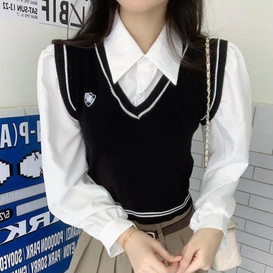 フェイクレイヤードトップス シャツ×ニットベスト風 S1938