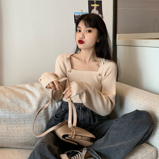 パールボタンが可愛いスクエアニットトップス S1937