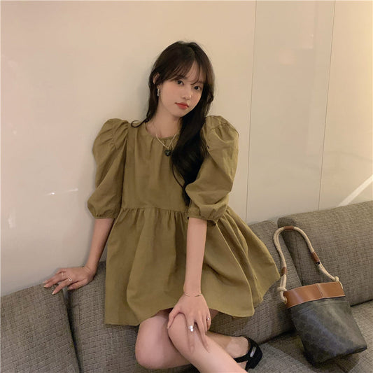 パフスリーブワンピース ハイウエストでスタイルアップ S1442