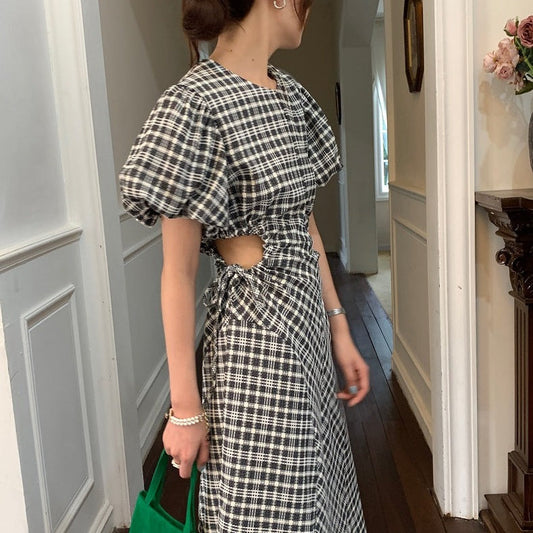 ウエストカットチェックワンピース♡抜け感デザイン S1571