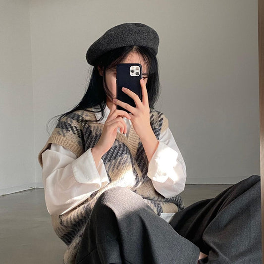 グレンチェックニットベスト♡ゆったりシルエットでこなれ感UP S1246