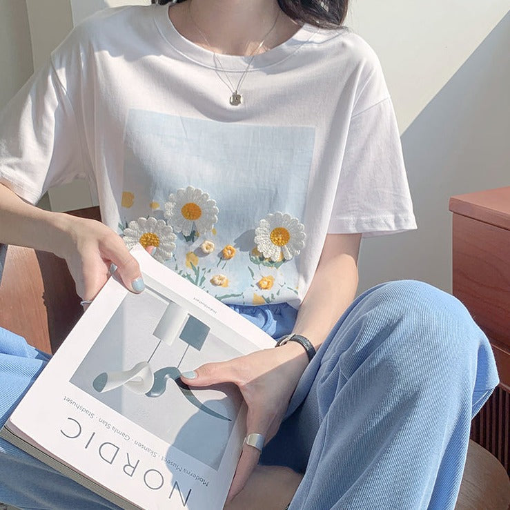 立体フラワー刺繍Tシャツ♡夏らしい可愛いデザイン S1401