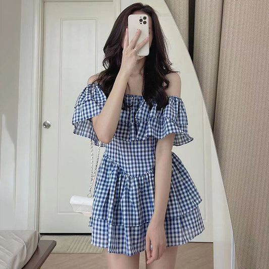オフショル ギンガムチェック ミニワンピース♡ S1841