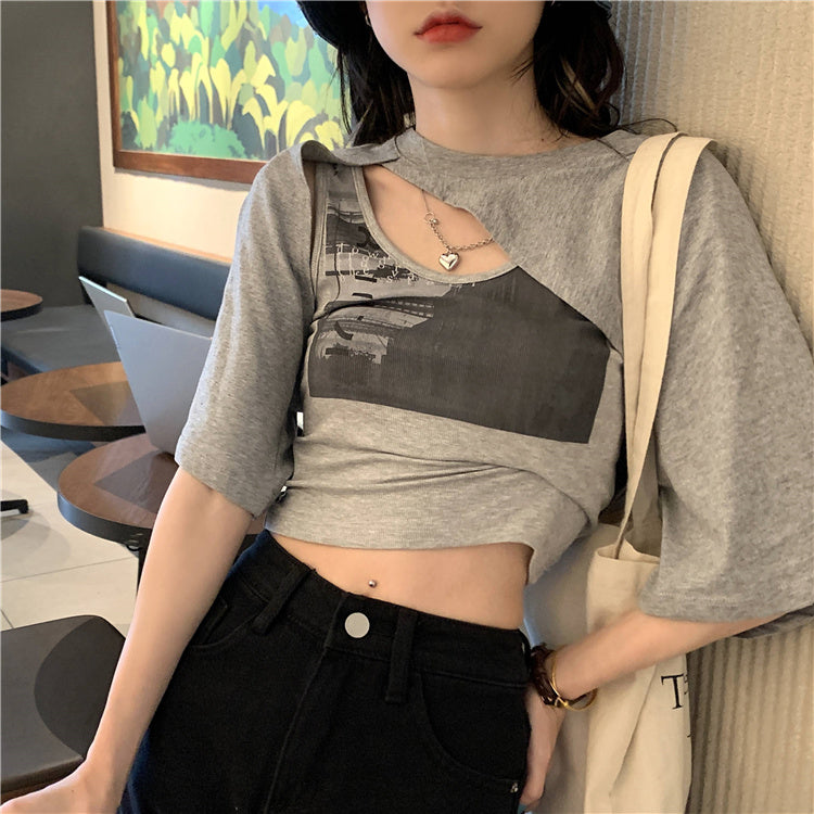 アシメデニム風半袖Tシャツ♡2WAYで着回し自在 S1677