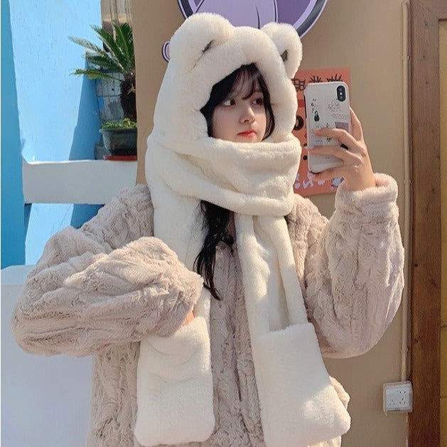 マフラー付きクマ耳ハット♡モコモコで可愛い S1031