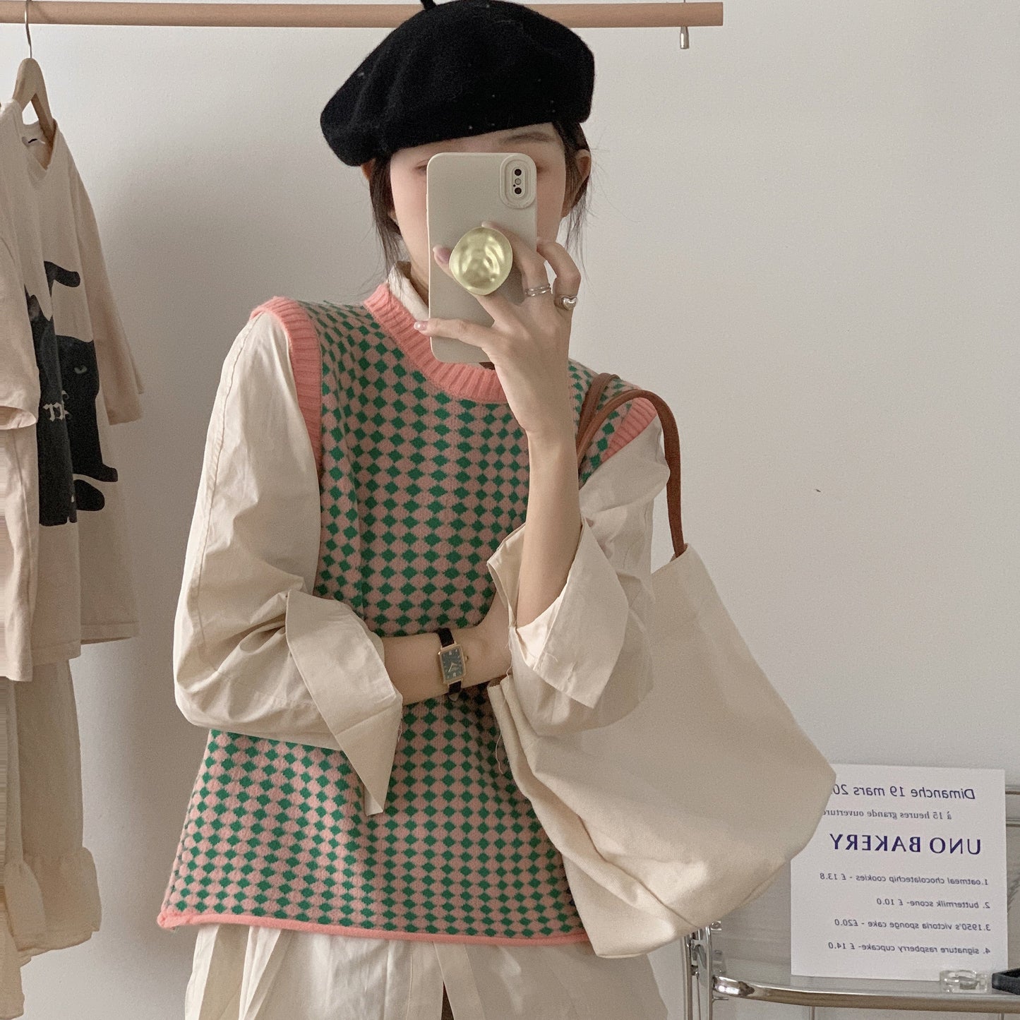 ダイヤモンドチェックニットベスト♡お洒落ワンピース風 S1247
