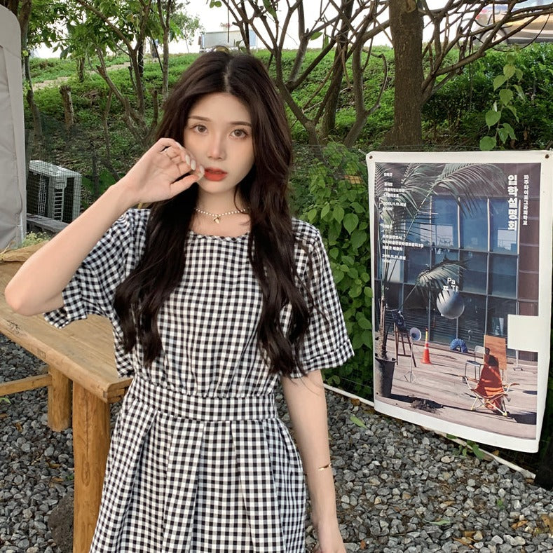 バックオープンギンガムワンピース♡リボン付き S1527