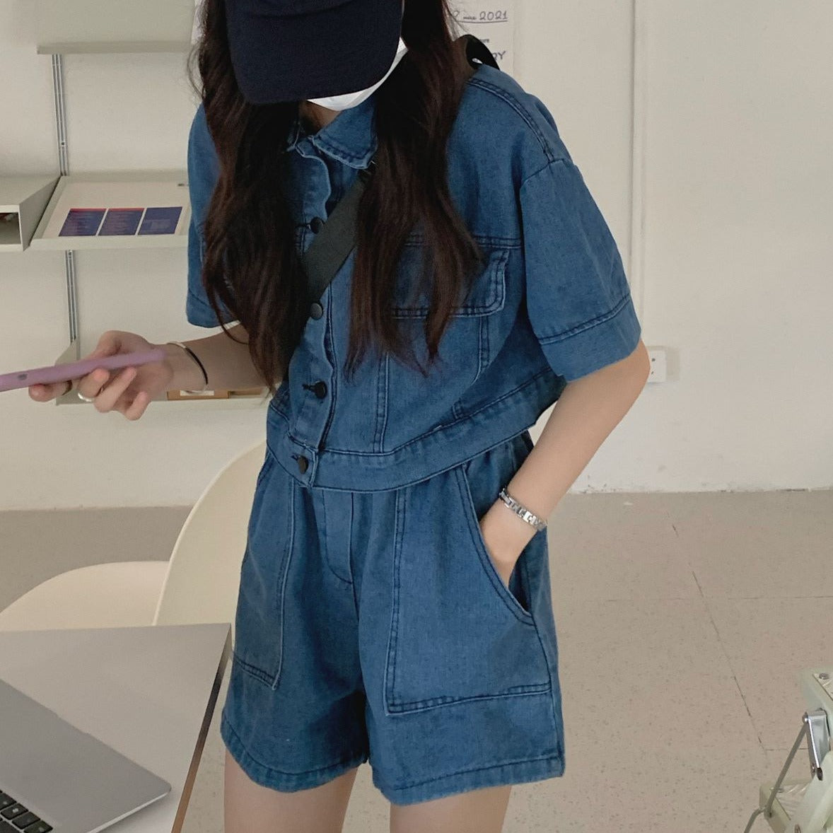 デニムシャツセットアップ 大人可愛いラフスタイル S1836