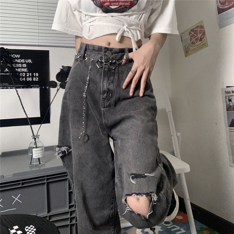 ダメージ加工ブラックデニムパンツ♡美脚ストレート S2210