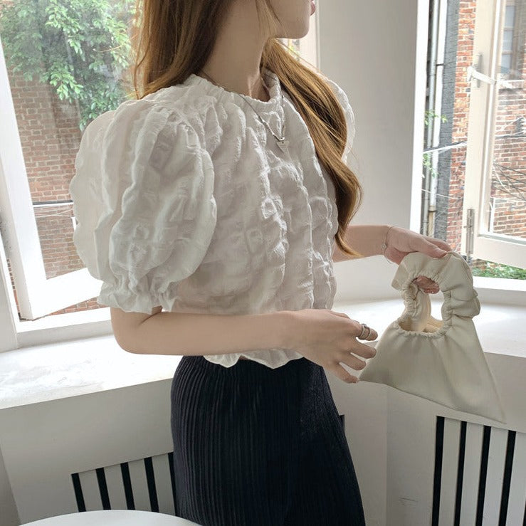 フレンチワッフルパフスリーブトップス♡大人可愛いワンピース風 S1876