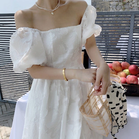 ジャガードパフスリーブワンピース♡清楚で大人可愛いサマードレス S1669