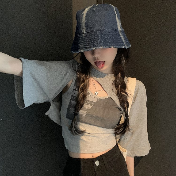 アシメデニム風半袖Tシャツ♡2WAYで着回し自在 S1677