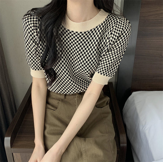 ボリューム袖ブロックチェックサマーニット♡ S1174