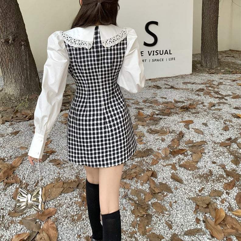 モノトーンチェックのフェイクレイヤードワンピース S2492
