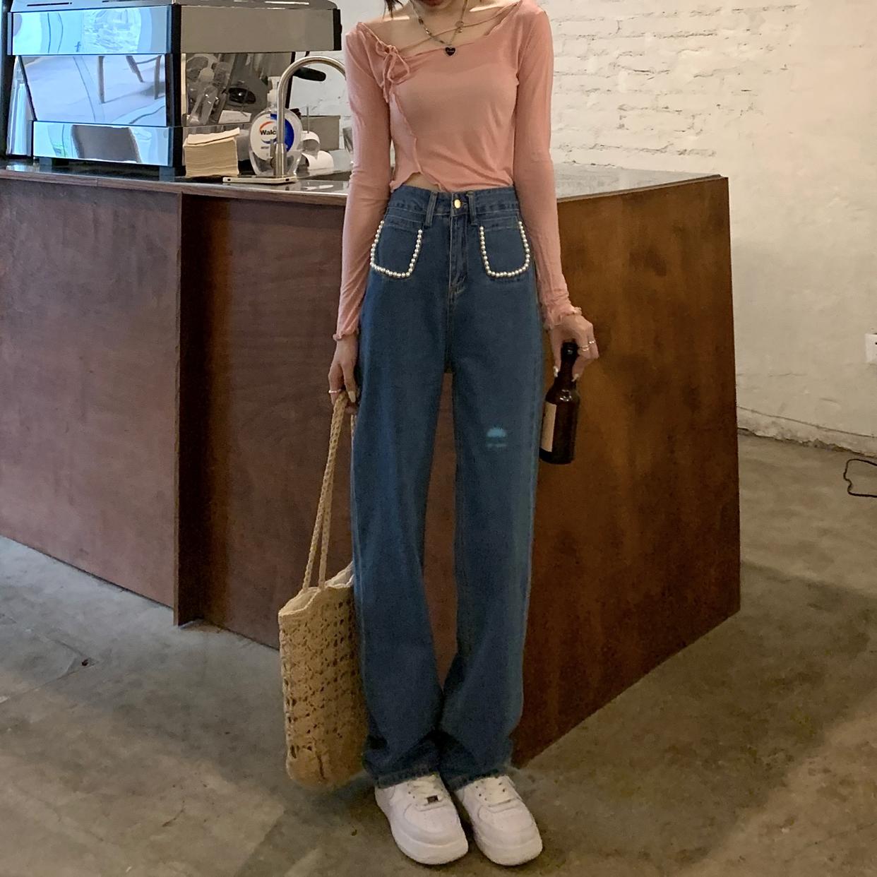 パールデニムパンツ ハイウエストで大人可愛い S2508