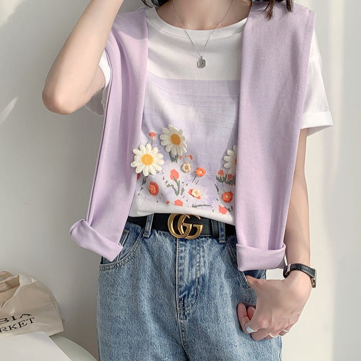 立体フラワー刺繍Tシャツ♡夏らしい可愛いデザイン S1401