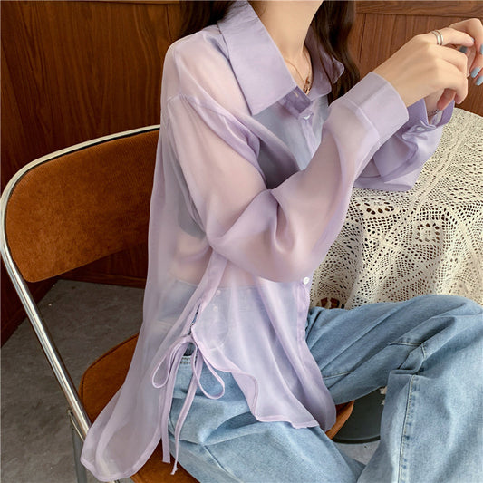 6色展開 シースルーサイドリボンシャツ 大人可愛い S1632