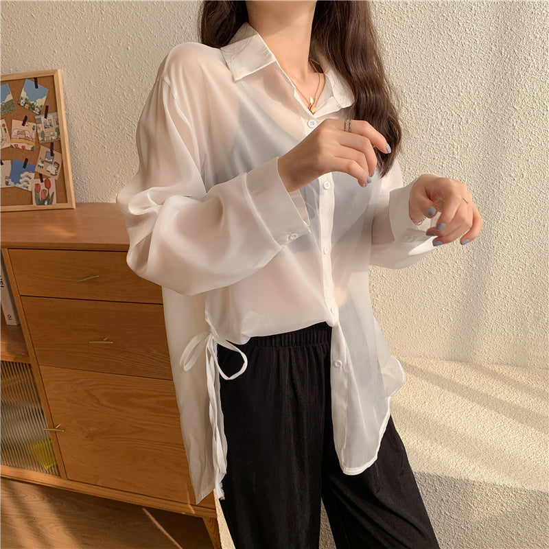 6色展開 シースルーサイドリボンシャツ 大人可愛い S1632