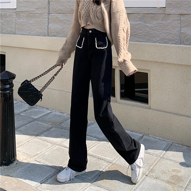 パールデニムパンツ ハイウエストで大人可愛い S2508