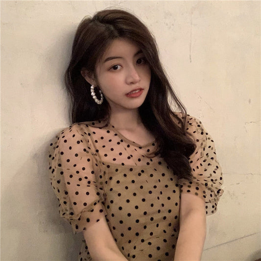 ドットシアーブラウス キャミ付き 大人可愛い S1570