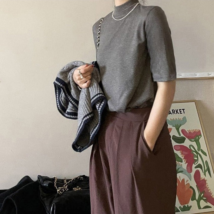 バイカラー襟の大人可愛いモックネックTシャツ S1164